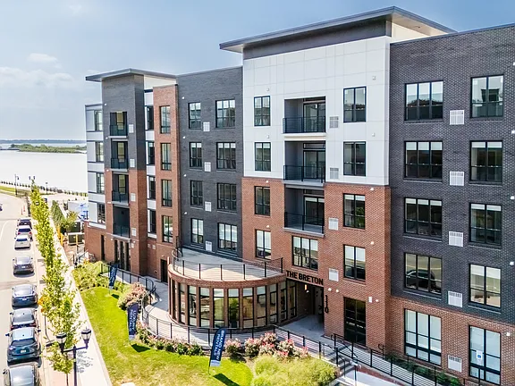The Breton, multifamily by HH Designers in Bayonne, NJ, aerial view of the arrival corner