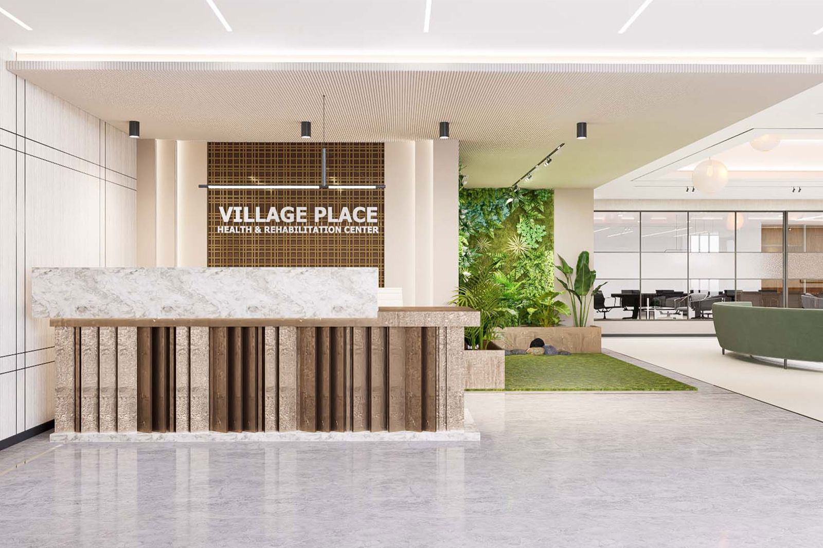Village Place Health and Rehabilitation Center common area design by HH Designers